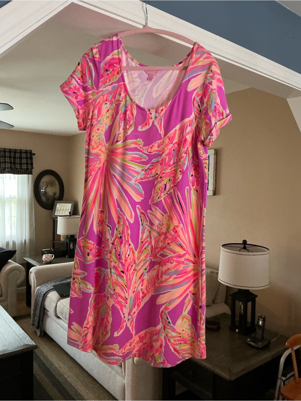 Lilly Pulitzer Hot Pink Tropical Leaf Pull-On Coverup Dress